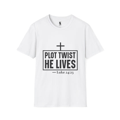 Unisex Softstyle T-Shirt - 'Plot Twist He Lives' Inspirational Faith Shirt