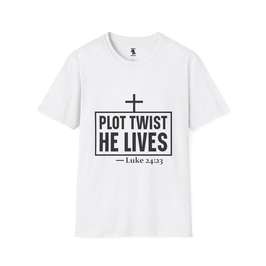 Unisex Softstyle T-Shirt - 'Plot Twist He Lives' Inspirational Faith Shirt