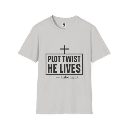 Unisex Softstyle T-Shirt - 'Plot Twist He Lives' Inspirational Faith Shirt