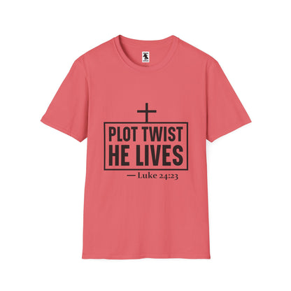 Unisex Softstyle T-Shirt - 'Plot Twist He Lives' Inspirational Faith Shirt